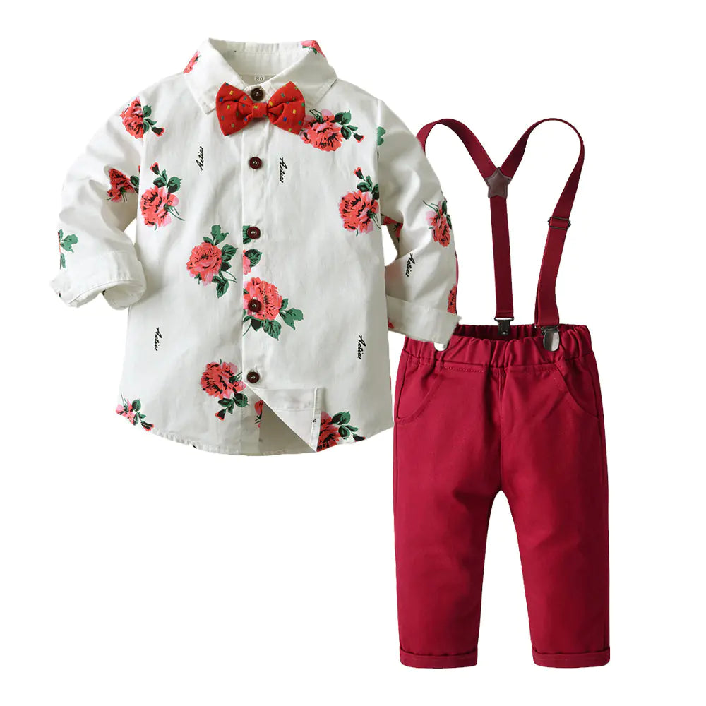 Floral Print Long Sleeve Shirt and Overalls Set