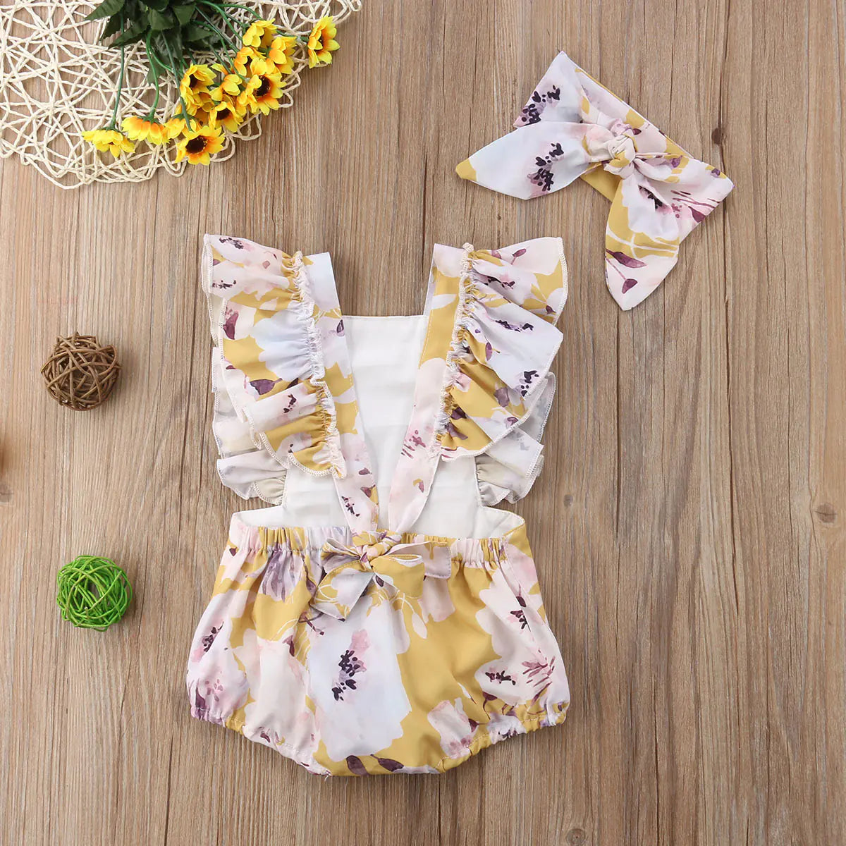 Girls' Floral Outfit with Back Tie and Headband Set